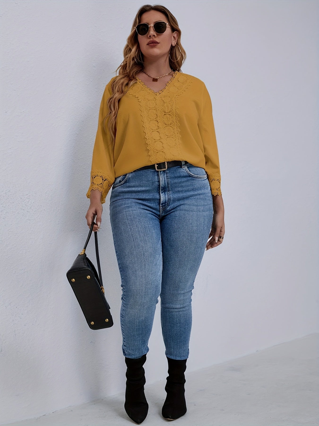 Plus Size Solid Lace Panel V Neck Blouse