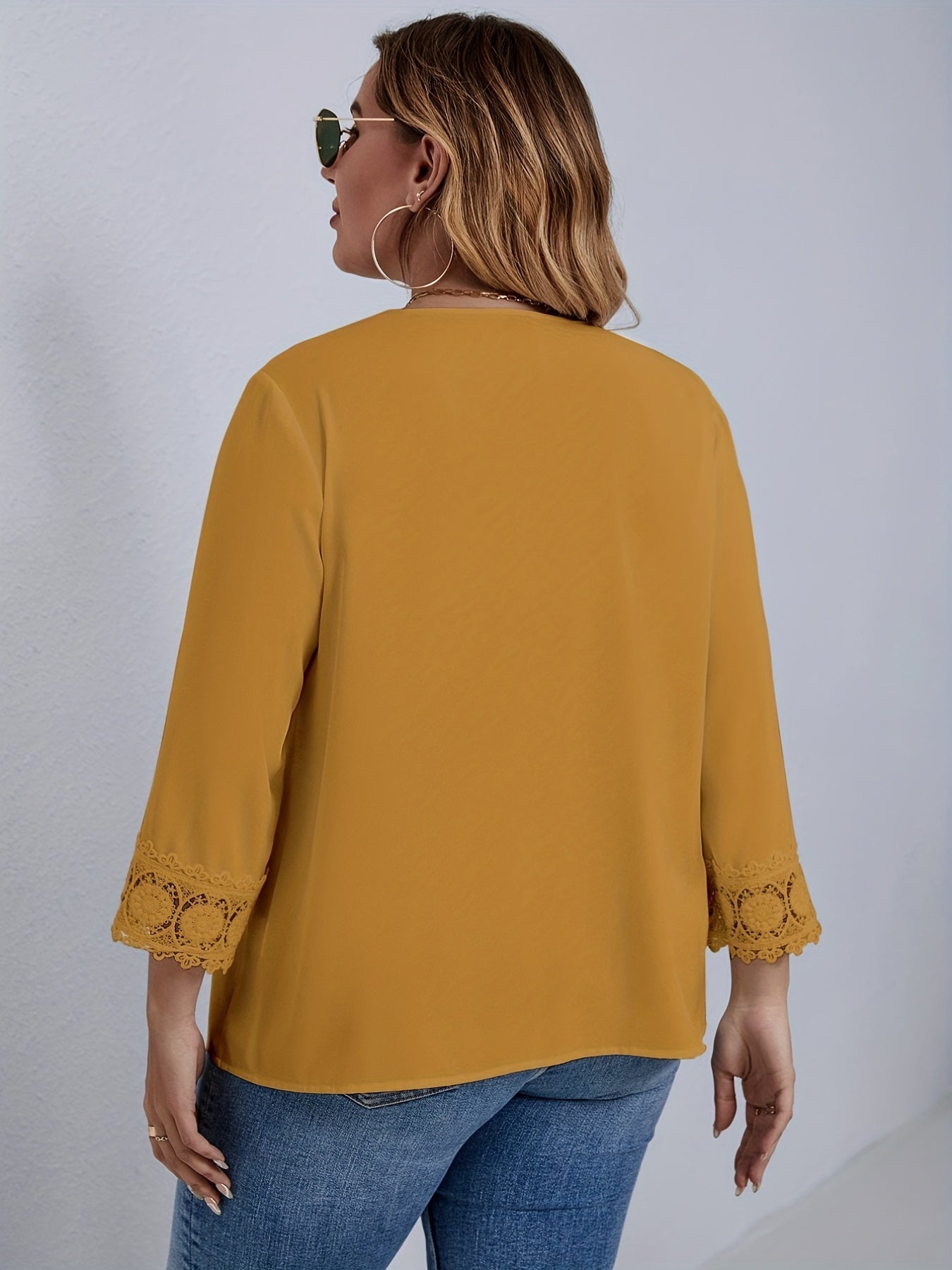 Plus Size Solid Lace Panel V Neck Blouse