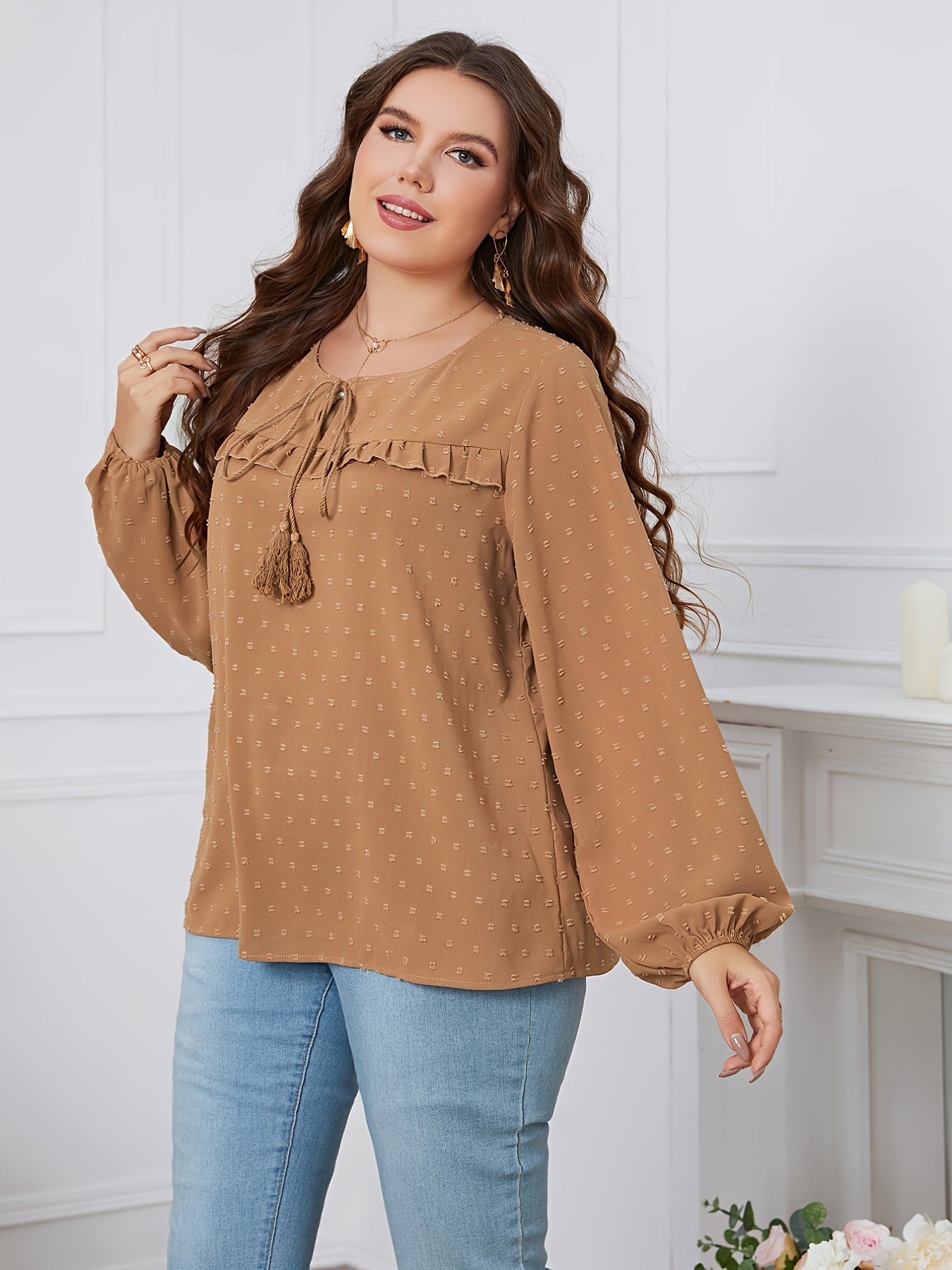 Plus Size Lantern Sleeve Round Neck Blouse
