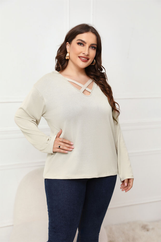 Plus Size Cross Strap V Neck Long Sleeves Tops