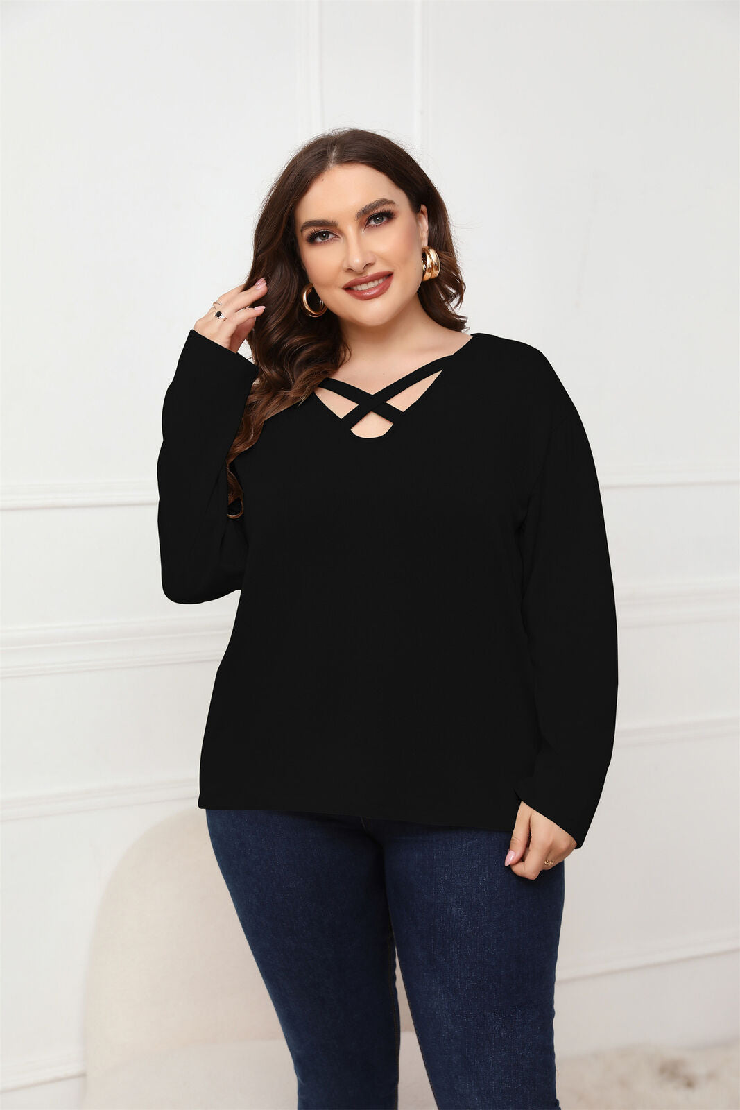 Plus Size Cross Strap V Neck Long Sleeves Tops