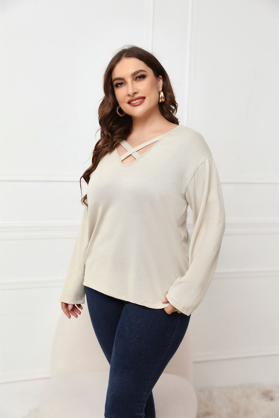 Plus Size Cross Strap V Neck Long Sleeves Tops