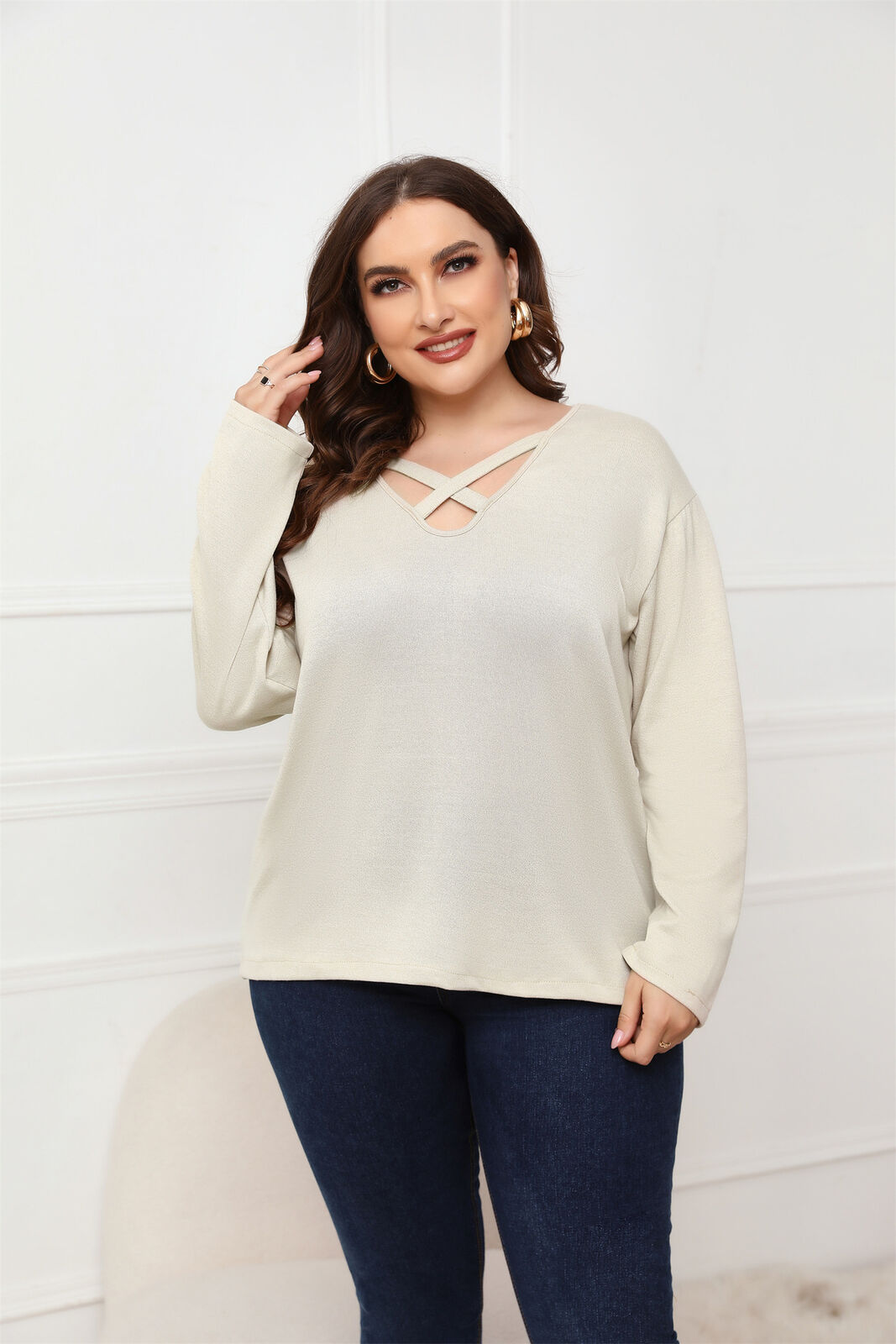 Plus Size Cross Strap V Neck Long Sleeves Tops